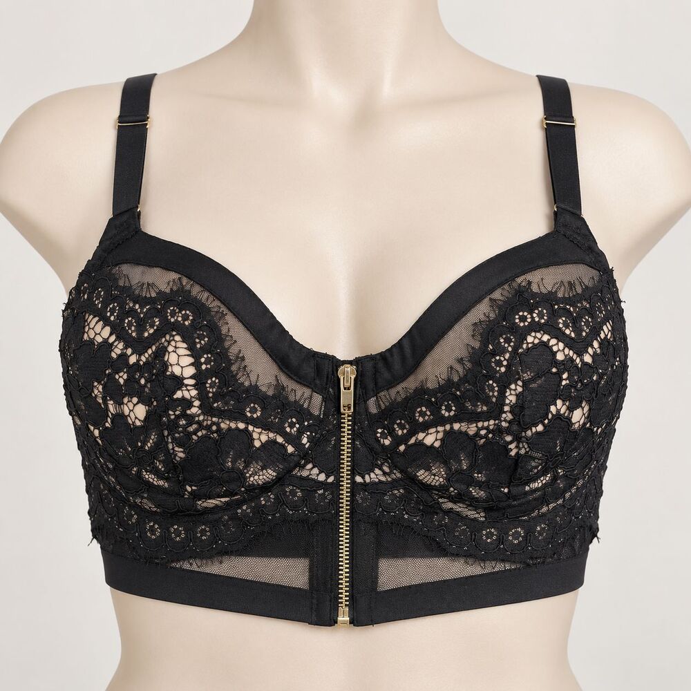 Victoria’s Secret Black Lace Lined Demi Bustier Bra 34D Gold Front Zip